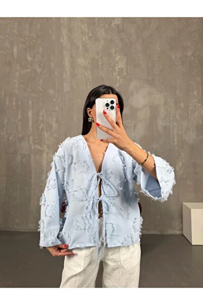 Lusin Women's Blue Tassel Detailed Tie-Up Premium Linen Shirt