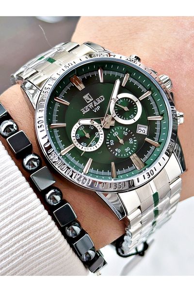 Reward Silver Color Functions Active Mid-Strip Steel Cord Men's Wrist Watch + Bracelet