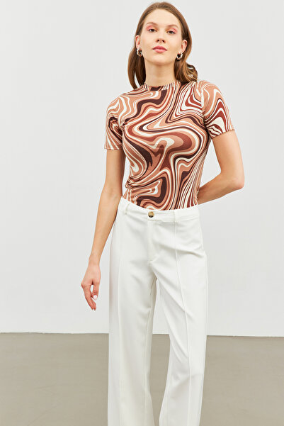 Bukamiss Women's Brown Cream Patterned Short Sleeve Blouse