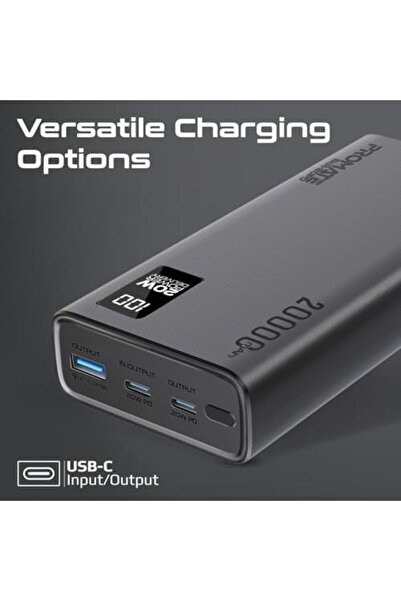 Promate Universal 20000mAh Ultra-Slim Power Bank with 20W USB-C Input/Output Port, QC 3.0 Output, US