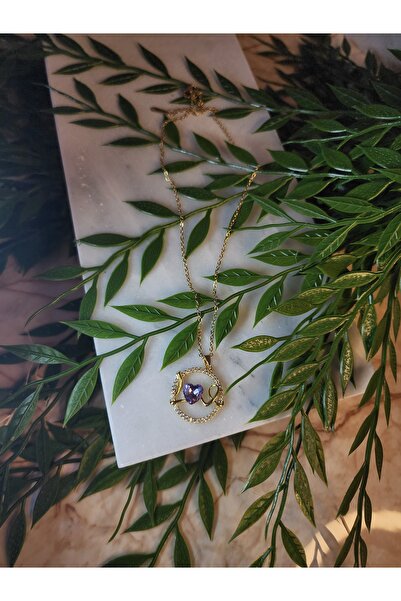 ALLEGRİA تفاصيل ذهبية قلادة من الفولاذ على شكل قلب أرجواني