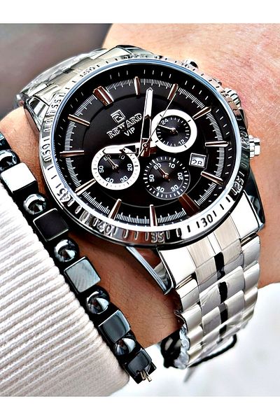 Reward Silver Color Functions Active Mid-Strip Steel Cord Men's Wrist Watch + Bracelet