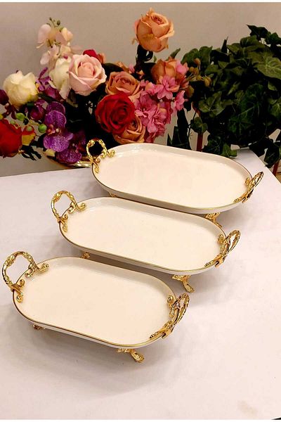 MaviDamla 3 Pieces Oval Handled Porcelain Presentation Holder Gold