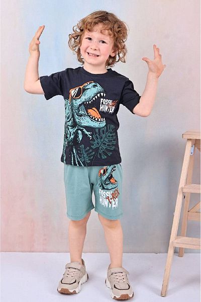 Yağmur Giyim Dinosaur Patterned Green Shorts Boy's Short Sleeve Suit 7590-Y