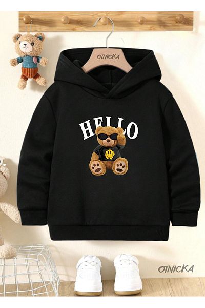 OTNICKA Cotton Special Design Hello Bear Printed Black Children's Sweatshirt