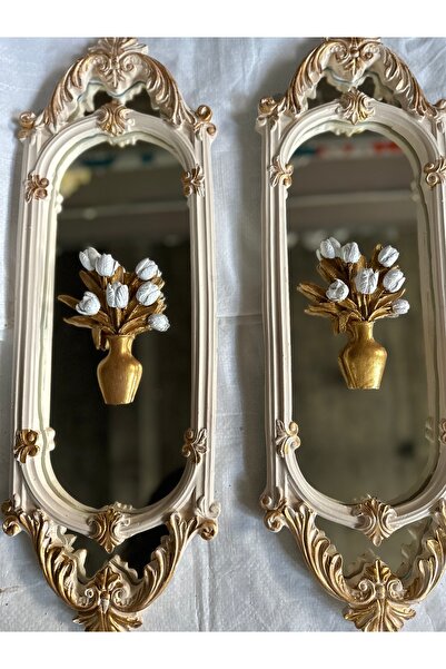 busraconcept Aynalı tablo 2li krem-gold 70cm ,vintage tarzı uzun şık tablo ayna