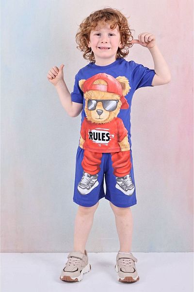 Yağmur Giyim Hat Teddy Bear Patterned Saks Blue Shorts Boy's Short Sleeve Suit 7600-Sm