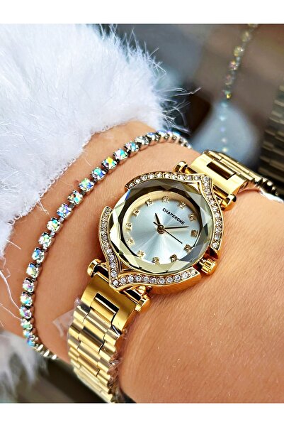 Chaperone Altın Renk Taşlı Model Minimal Aynalı Kadın Kol Saati + BİLEKLİK