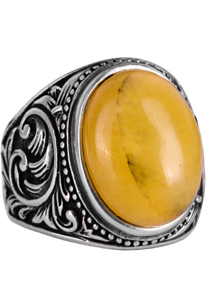 KAMBO 925 Ayar Katı Gümüş Yüzük - Doğal Sarı Akik Taşlı Yüzük, Tasarım Gümüş Erkek Yüzüğü