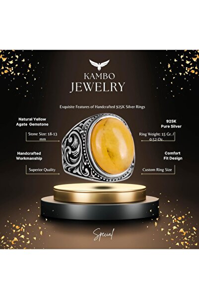 KAMBO 925 Ayar Katı Gümüş Yüzük - Doğal Sarı Akik Taşlı Yüzük, Tasarım Gümüş Erkek Yüzüğü