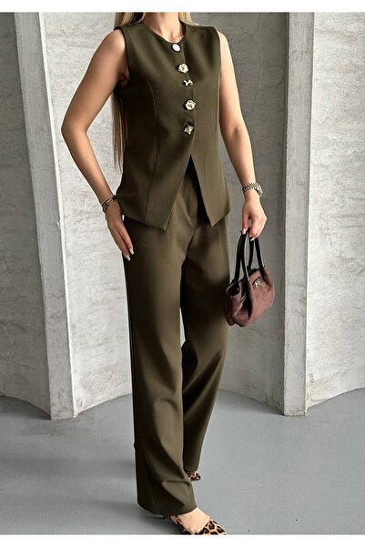 olalapasha الموسم الجديد سترة السراويل بدلة مزدوجة / أنيق زر التفاصيل مبطنة V...