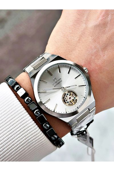 Reward Silver Color Automatic Winding Steel Cord Men's Wrist Watch + Bracelet