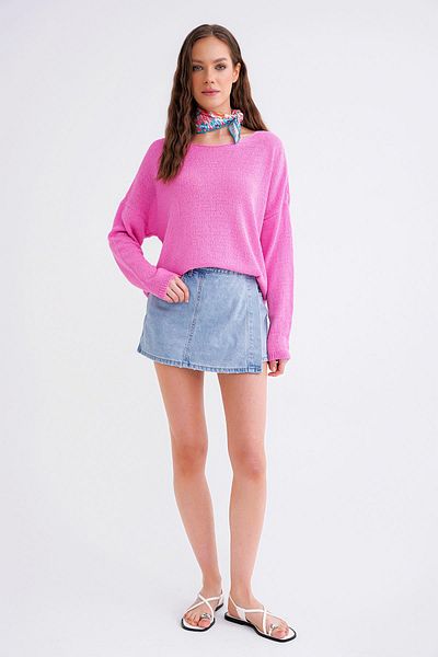 Mixray 6933 Women's Boat Neck Slim Seasonal Sweater Sweater Pink