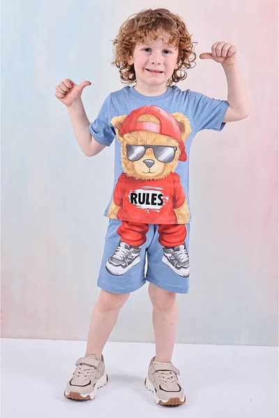 Yağmur Giyim PJKSKT Set de mâneci scurte pentru băiat cu pălărie și pantaloni scurți albaștri cu model de ursuleț 7600-M