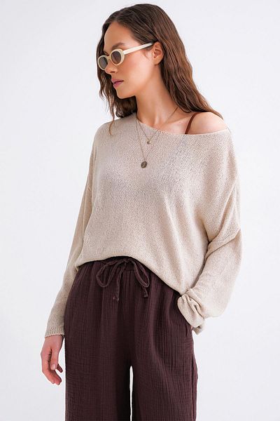 Mixray 6933 Women's Knitwear Boat Neck, Slim and Seasonbelli Sweater Stone