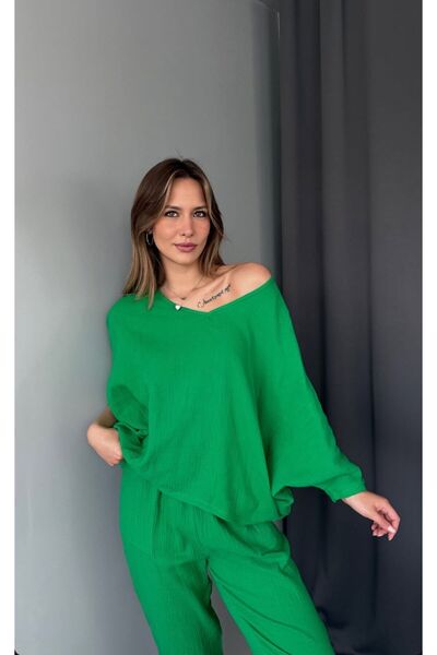 MODAGK Muslin Linen Bohemian Blouse Trousers Set