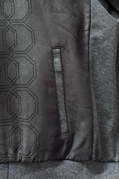 BESSA Men's Anthracite Suede Detailed Tracksuit Set Laser Cut Motif Jacquard Fabric Standard Fit