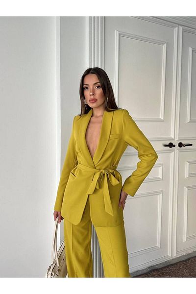 ENZOI Yellow Belted Jacket Palazzo Trousers Suit