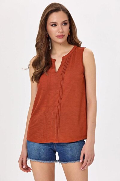 İKİLER Hakim Yaka Önü Nervürlü Kolsuz Bluz 025-1033