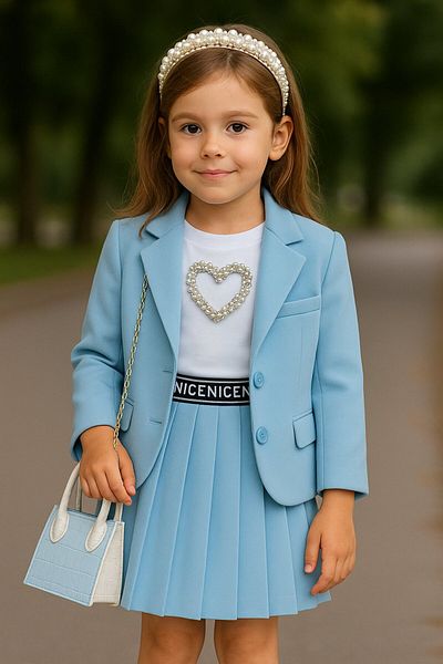 Yalçınoğlu Kids I Elegant Combinație Fată Copii Costum Jachetă, Fustă, Bluză, Geantă și Coroană Albastru Cu Coroană de Perle
