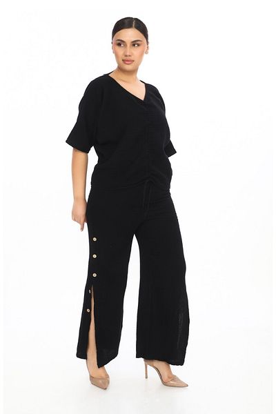 VOGUEMET Muslin Top and Bottom Set Summer, Lightweight Fabric, Drawstring and Button Detail