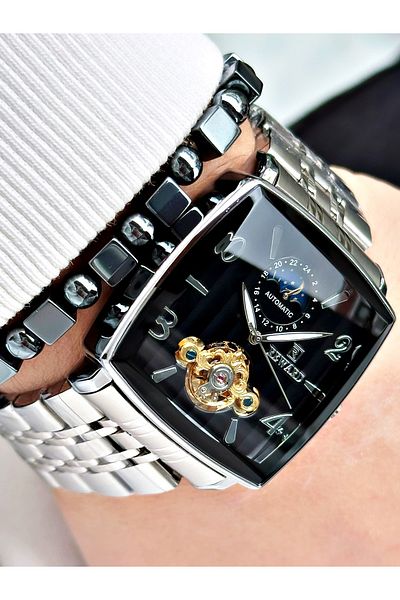Reward Silver Color Square Mechanism Automatic Winding Men's Wristwatch + Bracelet