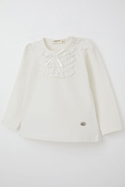 Breeze Baby Girl Long Sleeve T-Shirt with Laced Bow, 6 Months-2 Years, Ecru