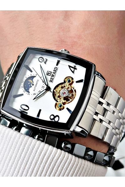 Reward Silver Color Square Mechanism Automatic Winding Men's Wristwatch + Bracelet