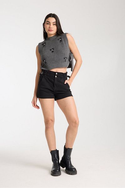 Denivy Ribbon Detailed Knitwear Crop Sweater