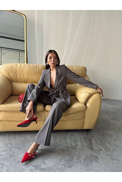 ENZOI Gray Belted Jacket Palazzo Pants Suit