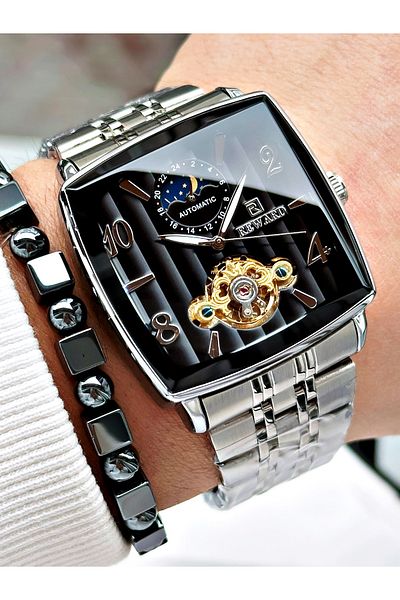 Reward Silver Color Square Mechanism Automatic Winding Men's Wristwatch + Bracelet