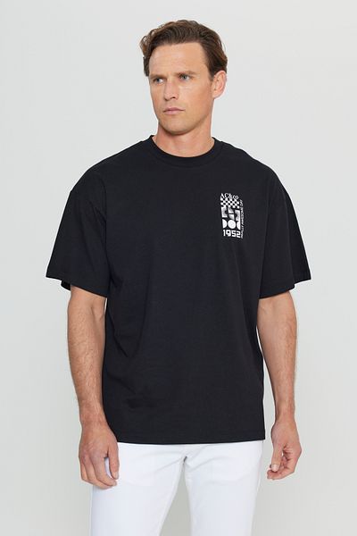 AC&Co / Altınyıldız Classics Ανδρικό μπλουζάκι μαύρο 100% βαμβακερό Oversize Loose Cut Crew Neck με στάμπα