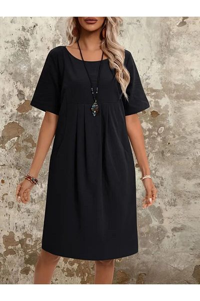 Kokosh moda Women's Short Sleeve Open Front Collar Shirred Pocket Detailed Viscose Two Thread Dress