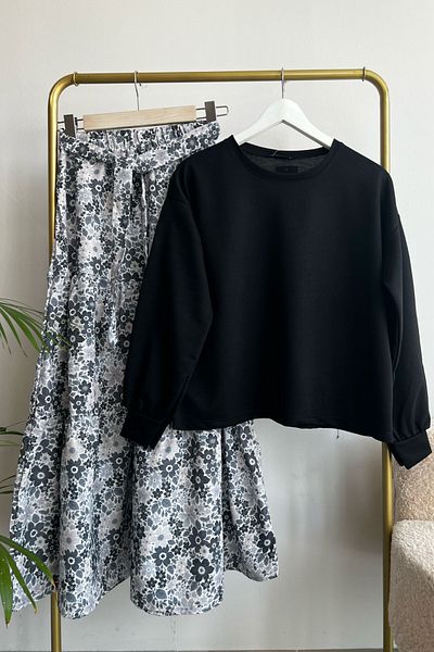 Bold Grup Women's Black Cherry Floral Layered Skirt Blouse Double Set