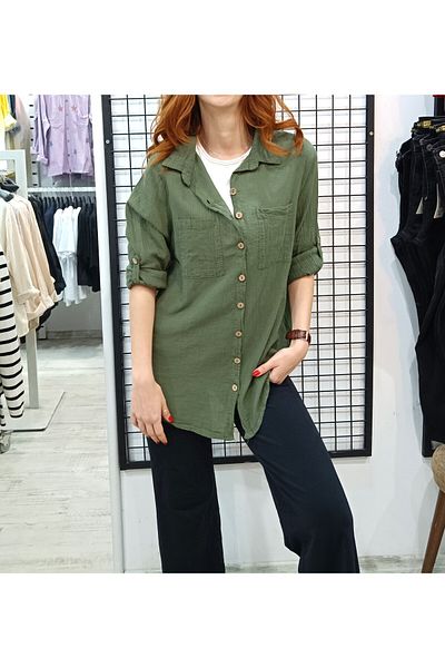 Butik Şans Pocket Detailed Foldable Sleeve Oversize Cotton Shirt