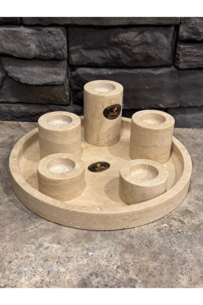 Polen Stone Doğal Taş Mumluk Seti - 6 Parça (Tepsili)