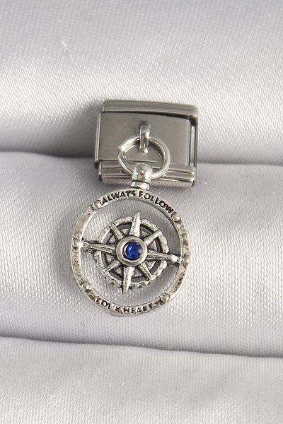 Clariss Heyf 316L Steel Silver Color Blue Stone Detailed Compass Model Nomination Charm