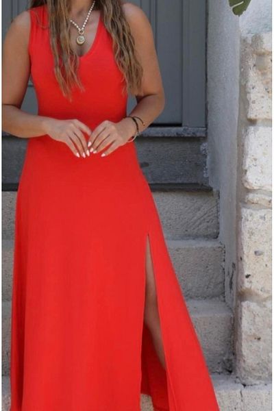 modaserdem Women's Strappy V-Neck Slit Viscose Dress