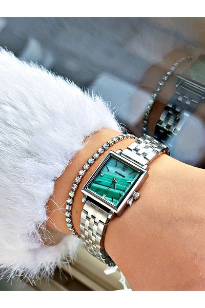 Chaperone Silver Color Square Model Plain Steel Cord Women Wristwatch + Bracelet