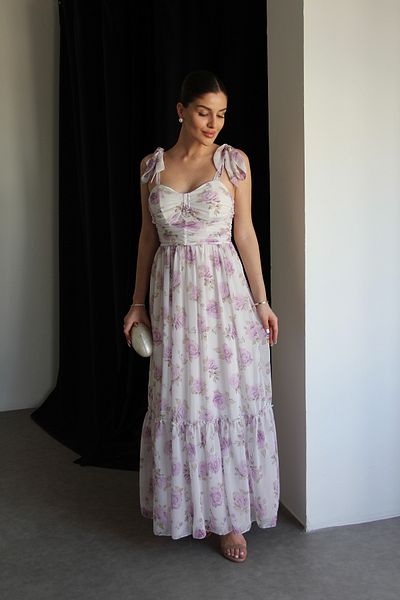 Julidress Lilac Floral Patterned Gipe Detailed Tie-Up Maxi Long Length Premium Chiffon Dress