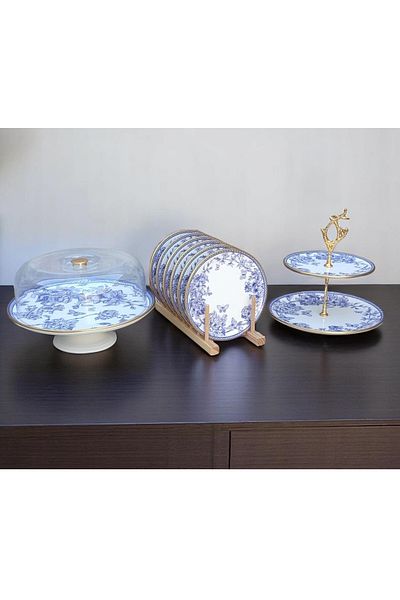 Pinkev 8 Piece Blue Floral Ceramic Cake Presentation Plate Set