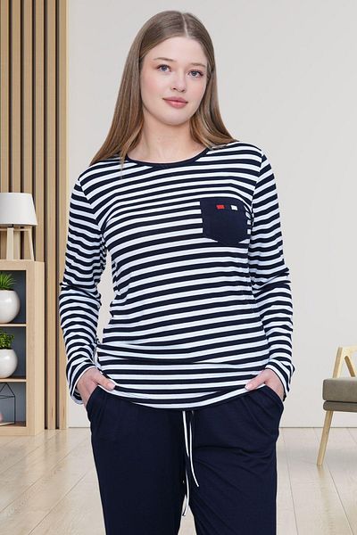 Mecit Pijama Mecit 6201 Navy Blue Striped Large Size Women's Pajama Set