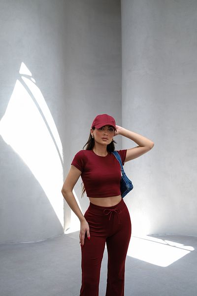 veres Women S Burgundy Bodycon Stretchy Knitted Crop Tshirt with Flared Leggings Y2K Bottom-Top Set