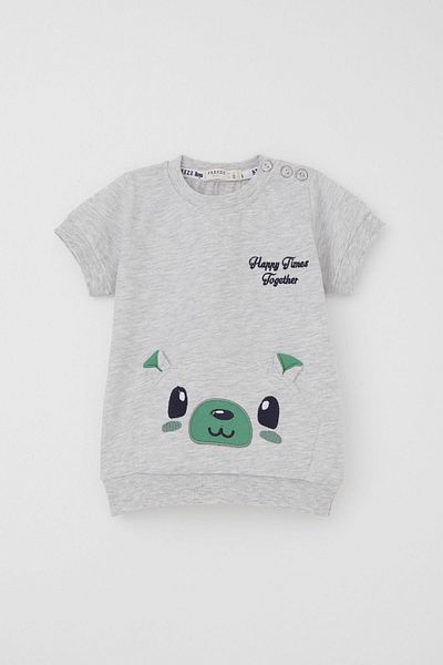 Breeze 9 Months-3 Years Baby Boy Capri Set - Cute Teddy Bear Embroidery, Light Gray Melange