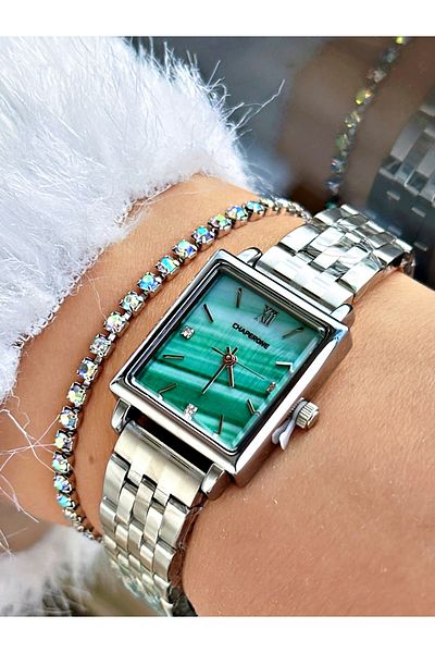 Chaperone Silver Color Square Model Plain Steel Cord Women Wristwatch + Bracelet