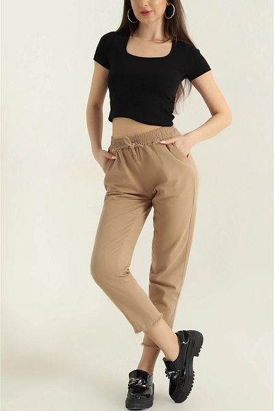 VıoShıne Women's Elastic Waist High Waist Pocket Gabardine Trousers