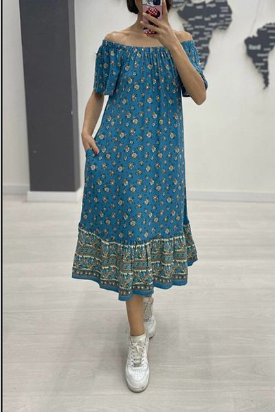 AYASOFYA OTANTIK Women's Blue Madonna Collar Patterned Short Sleeve Loose Dress with Side Pockets