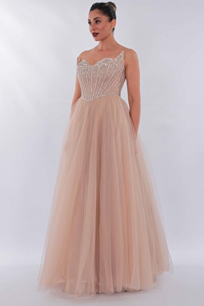 aşkın göksu Bej Beden Taş Ve Balen Detaylı Etek Tül Straplez Yaka Kadın Abiye