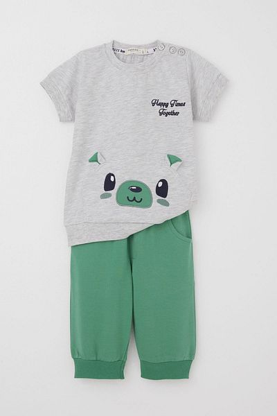 Breeze 9 Months-3 Years Baby Boy Capri Set - Cute Teddy Bear Embroidery, Light Gray Melange
