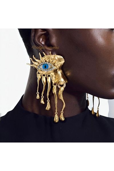 neslyaccessories Gold Eye Drop Statement Earrings